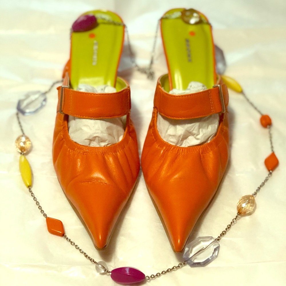 Bronx Pointed Toe Side Buckle Slide On Mule Heels